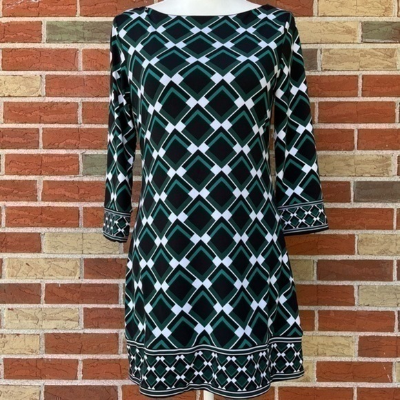 WHBM 3/4 Sleeve Patterned Black White Green Printed Tunic - Picture 1 of 12